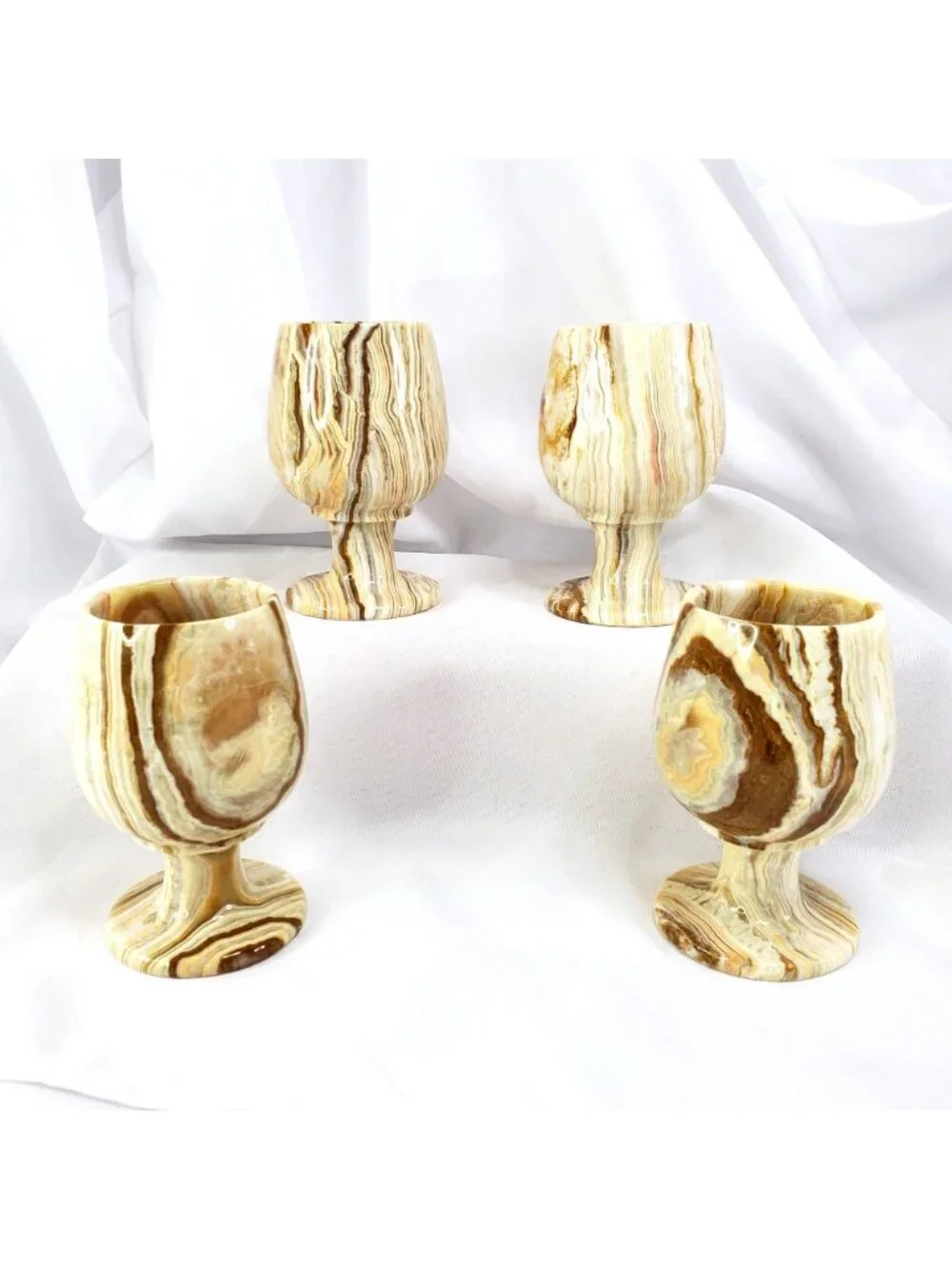 4 Polished Natural Hand Carved Marble Onyx Stone Cup Goblets 4